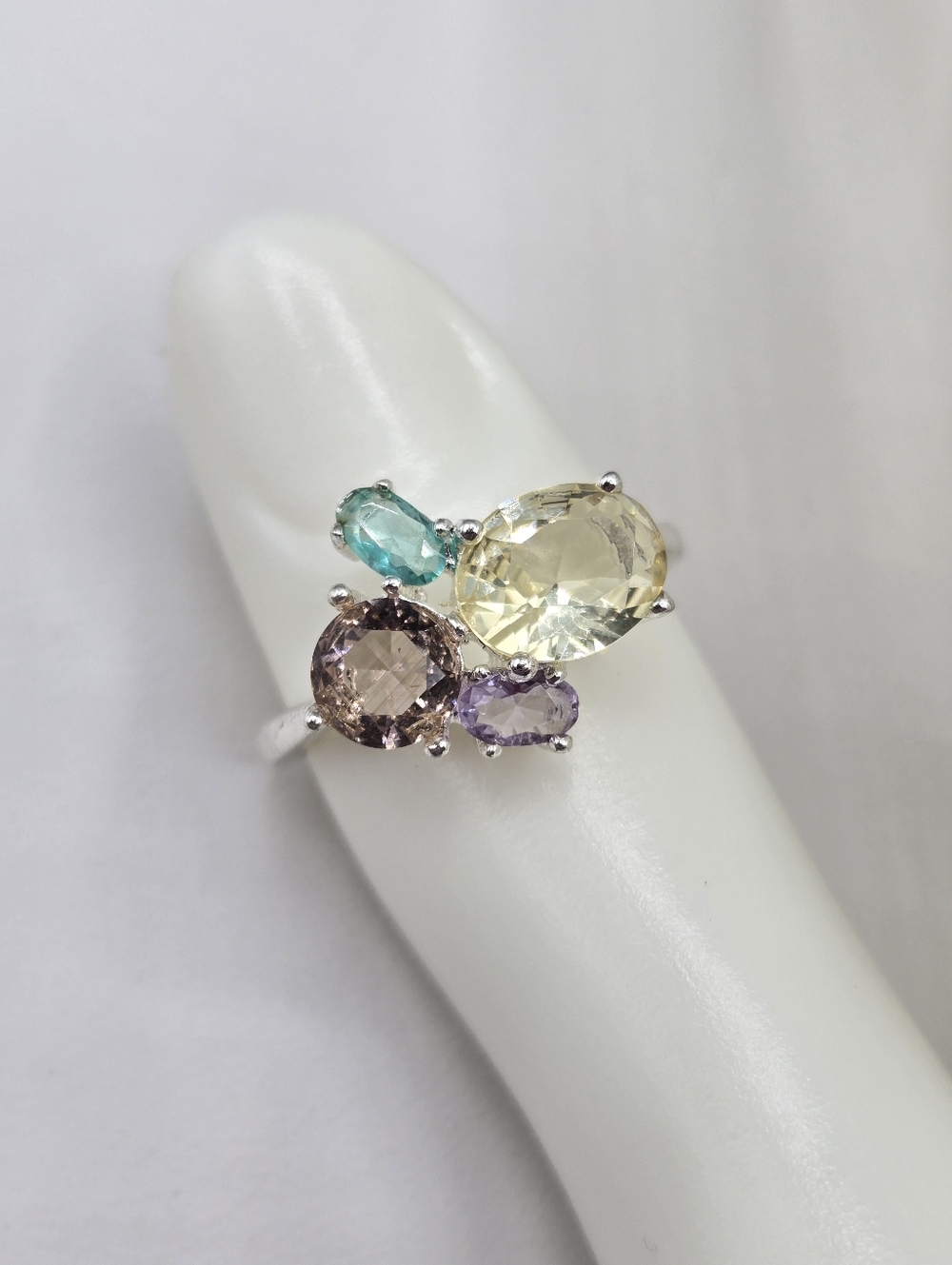 Swarovski Crystal Elements Silver Statement Ring Blue Purple Yellow Size 7.5 - Picture 5 of 7